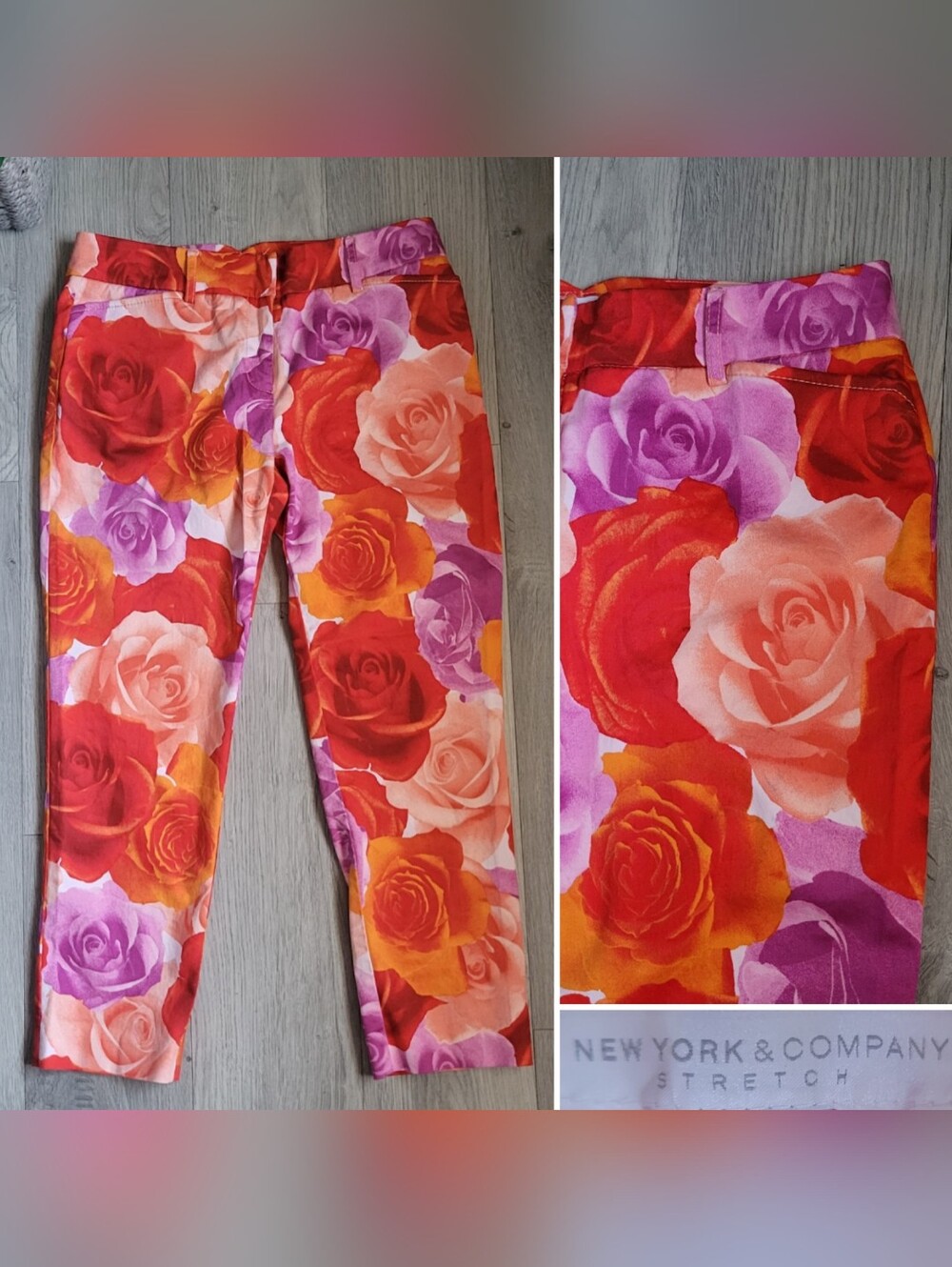 New York & Company Stretch Floral Rose Red, Peach & Purple Crop Capri Pant, 0